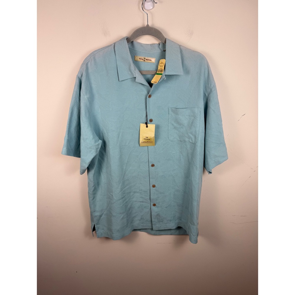 Tommy Bahama Paradise Grid Camp Shirt Lucky Blue 100% Silk T31628 Mens Large NWT